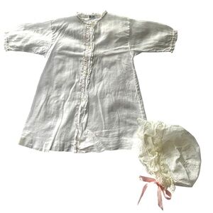 Vintage 50s/60s Baby Pajama & Hat Pink Floral Embroidery White Cotton Newborn
